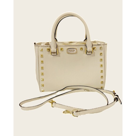 Michael Kors Kellen Studded Small Saffiano Leather Satchel Bag In Ecru - Picture 1 of 5
